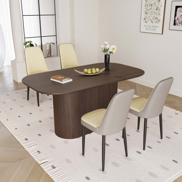 English Elm 63 Inch Mdf Dining Set with Four Pu Leather Chairs and Powder Coated Metal Legs Beige+Brown,Grey W2189S00869