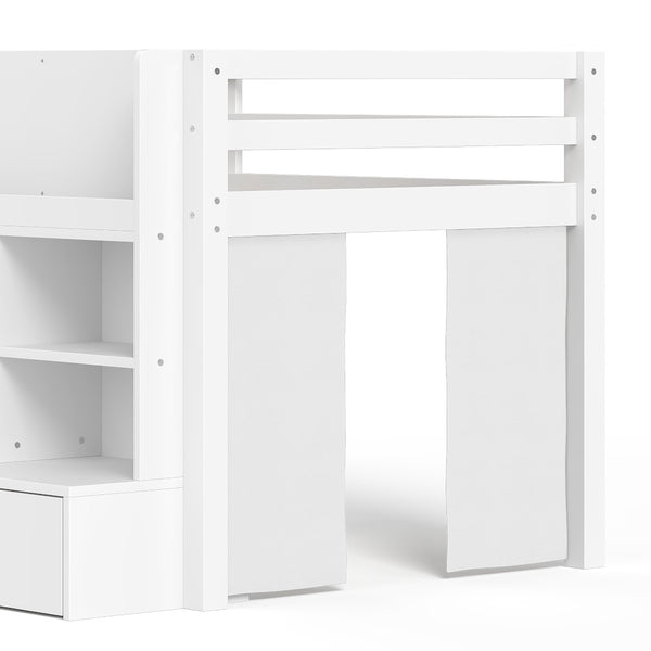 English Elm Twin Xl Low Loft Bed with Curtain Hideaway Chalkboard and Built-in Storage Shelves W1580S00399