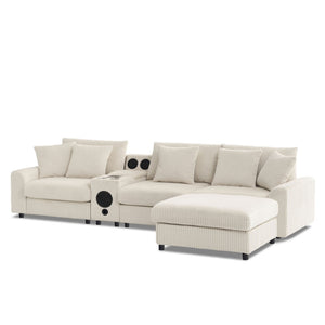 English Elm [video]112*64'' Corduroy L-shaped Sectional Cloud Sofa with Bluetooth Console Ottoman Living Room N723S1756A