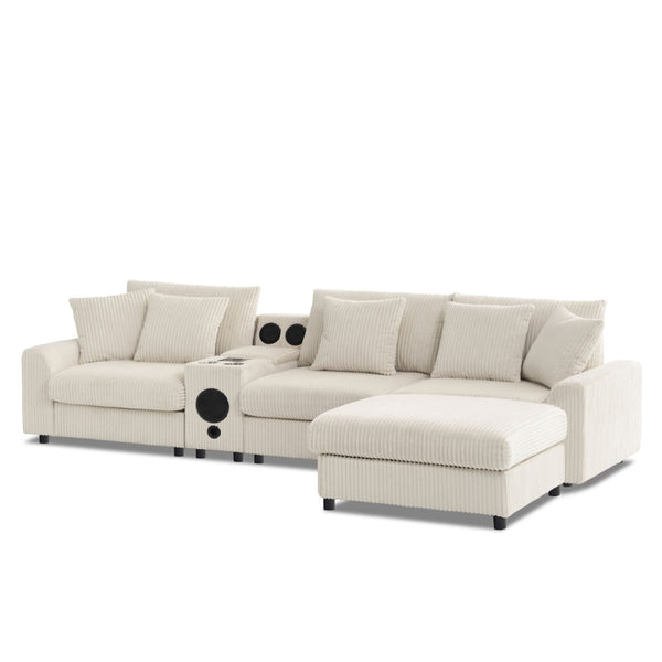 English Elm [video]112*64'' Corduroy L-shaped Sectional Cloud Sofa with Bluetooth Console Ottoman Living Room N723S1756A