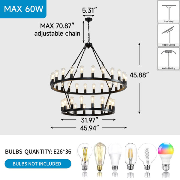 English Elm 47.24 Inch Matte Black Wagon Wheel Chandelier 36 Light Farmhouse Metal Fixture W5008P389243