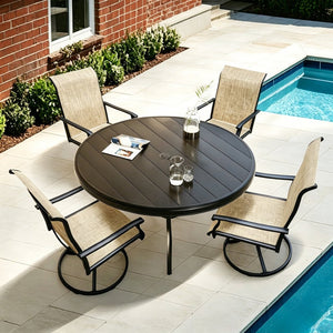English Elm Outdoor Round Dining Set for Four with Mesh Swivel Chairs and Umbrella Hole Table W213S00058