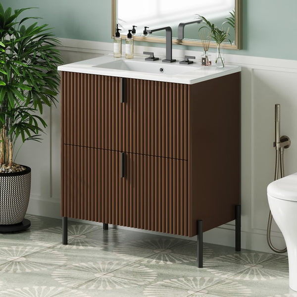 English Elm Christopher Knight Home® - 30" Elegant Freestanding Bathroom Vanity With Glossy Ceramic Sink, Soft-Close Drawers & Fluted Design N817P288931D