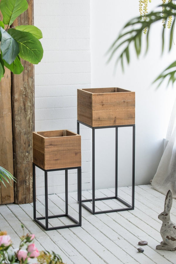 English Elm Set of 2 Reclaimed Wood Box Plant Stands with Iron Legs for Farmhouse Decor W2078P496651