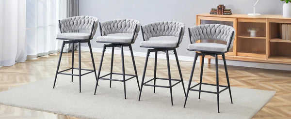 English Elm A set of four rotating bar stools with breathable cotton-linen cushions, 360° swivel, durable metal frame, retro flair Antique grey white W2920S00060