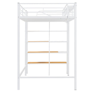 English Elm Twin Metal Loft Bed with Upper Grid Storage Shelf and 4-Layer Ladder Shelves for Space Saving White SF100081AAK