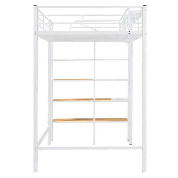 English Elm Twin Metal Loft Bed with Upper Grid Storage Shelf and 4-Layer Ladder Shelves for Space Saving White SF100081AAK