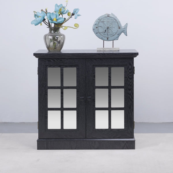 English Elm Storage Sideboard with Mirrored Acrylic Doors and Wood Grain Mdf Finish for Compact Rooms Black W2899P372748