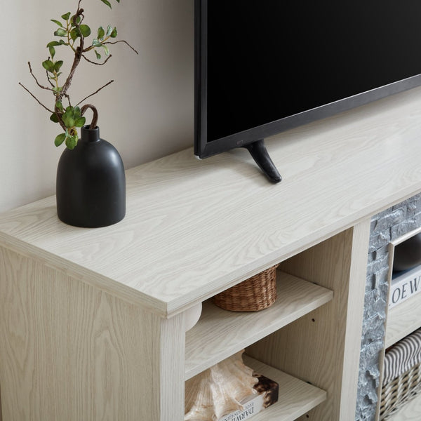 English Elm Large White Media Console with Faux Stone Surround and Enclosed Cabinet Storage W2275P389710