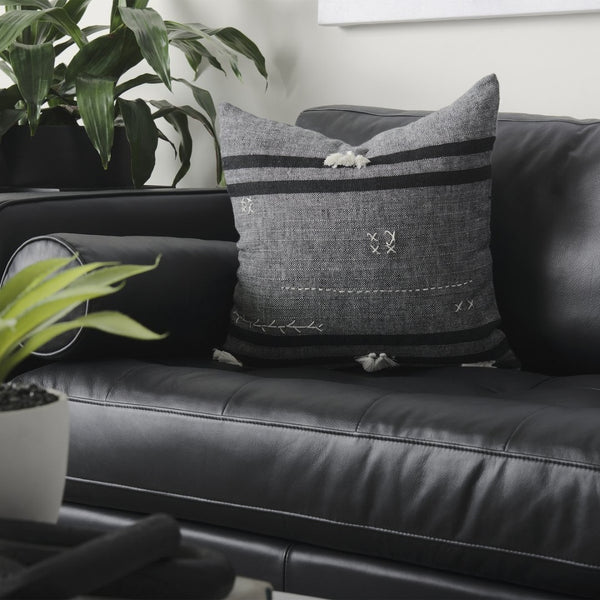 Mercana Sibyl Decorative Pillow Cover - Chic Striped Design with White Fringe for Modern and Boho Interiors Black Fabric | 18L x 18W 69419