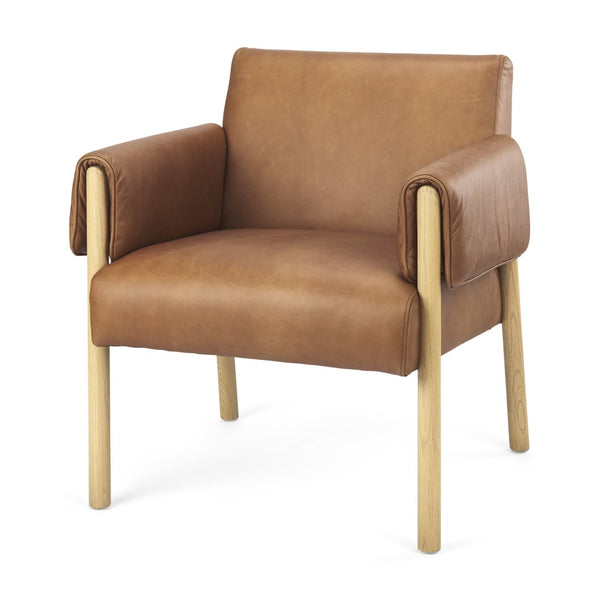 Mercana Ashton Contemporary Leather Accent Chair with Plush Cushioning and Elegant Beech Wood Frame Brown Leather | Light Wood 69817