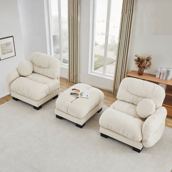 English Elm Pleated Chenille Sectional Sofa with Ottoman Ergonomic Foam Curved Armrests Living Room Beige W5656S00038