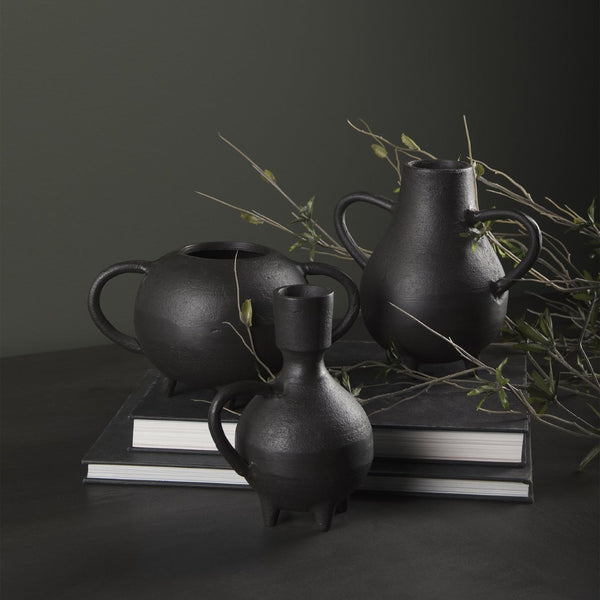 Mercana Cyrus Matte Black Spherical Vase with Flute Design – Sculptural Elegance for Modern Interiors Black Ceramic | 2 Handles | 8H 69159