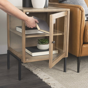 Mercana Arelius End Table: Elegant Mango Wood with Glass Shadowbox and Matte Black Frame for Modern Living Light Brown Wood | Black Metal 69206