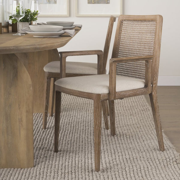 Mercana Clara Armless Dining Chair with Woven Cane Back and Cushioned Seat for Coastal and Boho Spaces Cream Fabric | Brown Wood 69351