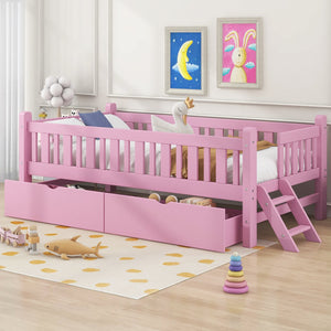 English Elm Wood Twin Platform Bed with Guardrail, Solid Pine Construction, 2 Underbed Drawers for Storage and Playroom Space Pink N709P242145H