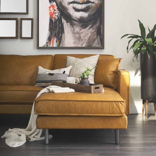 Mercana D'Arcy Mid-Century Modern Sectional Sofa - Luxurious Top-Grain Leather with Stylish Metal Legs Tan Leather | Right Chaise 69646-AB