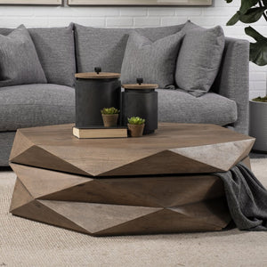 Mercana Arreto Hexagonal Coffee Table with Hydraulic Lift-Top Storage for Modern Living Room Elegance Brown Wood 68229