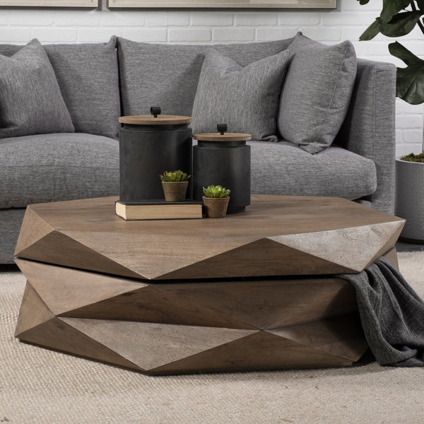 Mercana Arreto Hexagonal Coffee Table with Hydraulic Lift-Top Storage for Modern Living Room Elegance Brown Wood 68229