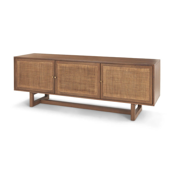 Mercana Grier 65" Rustic Mango Wood Media Console with Woven Cane Doors for Stylish Living Room Storage Medium Brown Wood | Cane Accent 69897