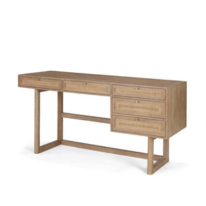 Mercana Grier 60" Solid Mango Wood Office Desk with Elegant Cane Drawer Fronts for Stylish Workspaces Light Brown Wood | Cane Accent 69899