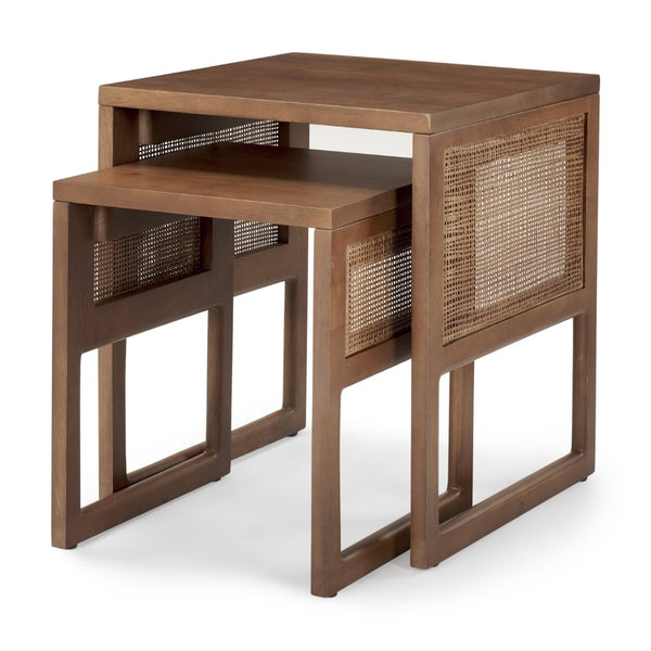 Mercana Grier Elegant Solid Mango Wood Nesting Accent Tables with Modern Lines and Classic Charm Medium Brown Wood | Cane Accent | Set of 2 69901