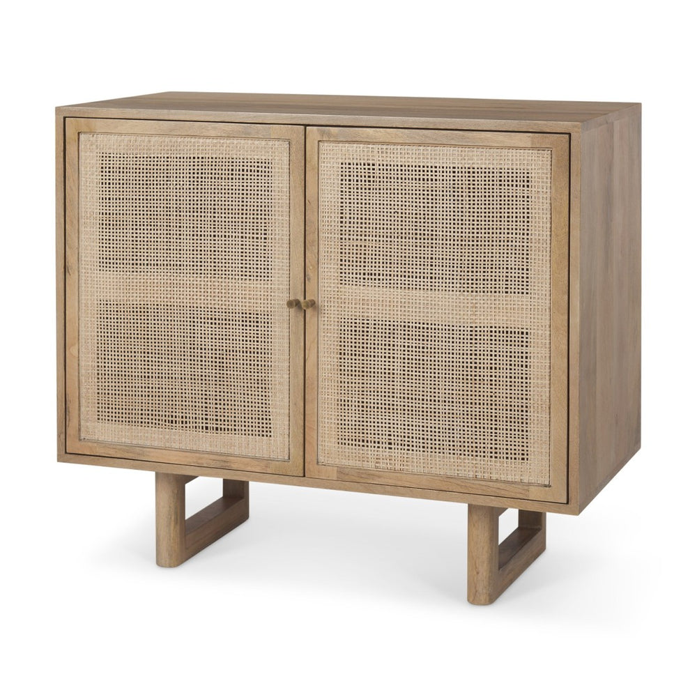 Mercana Grier 36" Solid Mango Wood Accent Cabinet with Woven Cane Doors for Stylish Storage Solutions Light Brown Wood | Cane Accent | 2 Door 69909