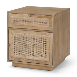 Mercana Grier Stylish Mango Wood Accent Table with Cane Panels - Mid-Century Charm & Modern Functionality Light Brown Wood | Cane Accent | 1 Door & Drawer 69935