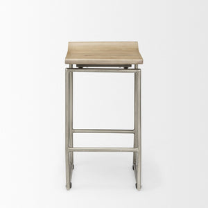 Mercana Givens Stylish Stool with Contoured Wooden Seat and Antiqued Gold Base for Modern Interiors Brown Wood | Silver Metal | Counter 69554