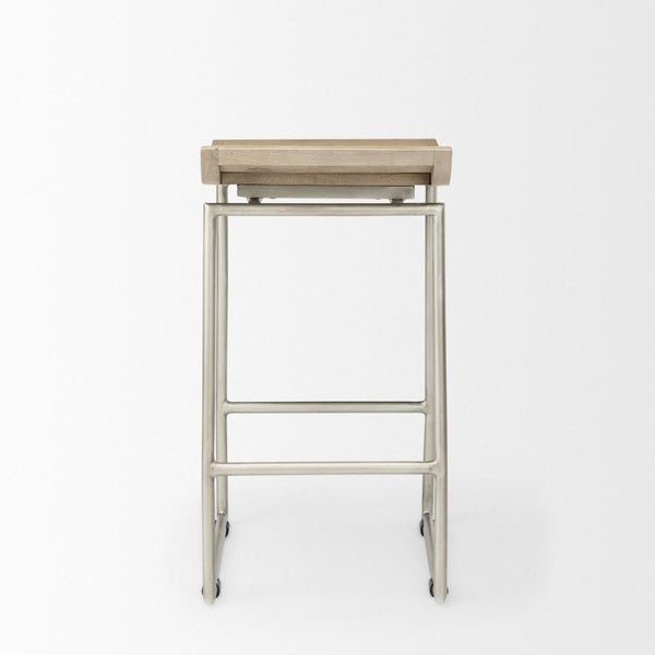 Mercana Givens Stylish Stool with Contoured Wooden Seat and Antiqued Gold Base for Modern Interiors Brown Wood | Silver Metal | Counter 69554