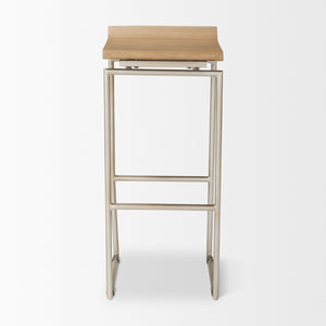 Mercana Givens Stylish Stool with Contoured Wooden Seat and Antiqued Gold Base for Modern Interiors Brown Wood | Silver Metal | Bar 69555