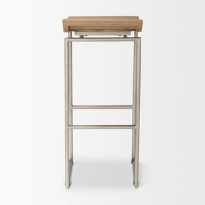 Mercana Givens Stylish Stool with Contoured Wooden Seat and Antiqued Gold Base for Modern Interiors Brown Wood | Silver Metal | Bar 69555
