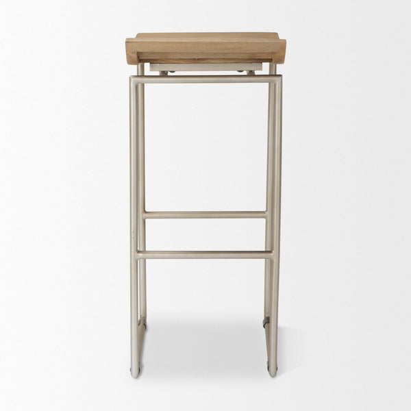 Mercana Givens Stylish Stool with Contoured Wooden Seat and Antiqued Gold Base for Modern Interiors Brown Wood | Silver Metal | Bar 69555