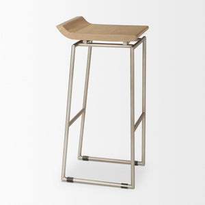 Mercana Givens Stylish Stool with Contoured Wooden Seat and Antiqued Gold Base for Modern Interiors Brown Wood | Silver Metal | Bar 69555