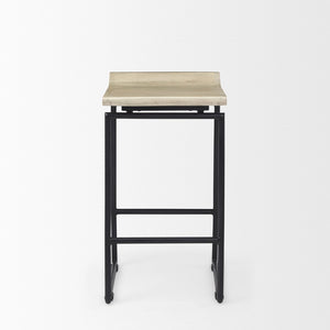 Mercana Givens Stylish Stool with Contoured Wooden Seat and Antiqued Gold Base for Modern Interiors Natural Wood | Black Metal | Counter 69556