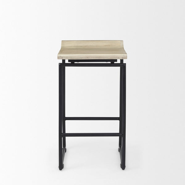 Mercana Givens Stylish Stool with Contoured Wooden Seat and Antiqued Gold Base for Modern Interiors Natural Wood | Black Metal | Counter 69556