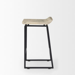 Mercana Givens Stylish Stool with Contoured Wooden Seat and Antiqued Gold Base for Modern Interiors Natural Wood | Black Metal | Counter 69556