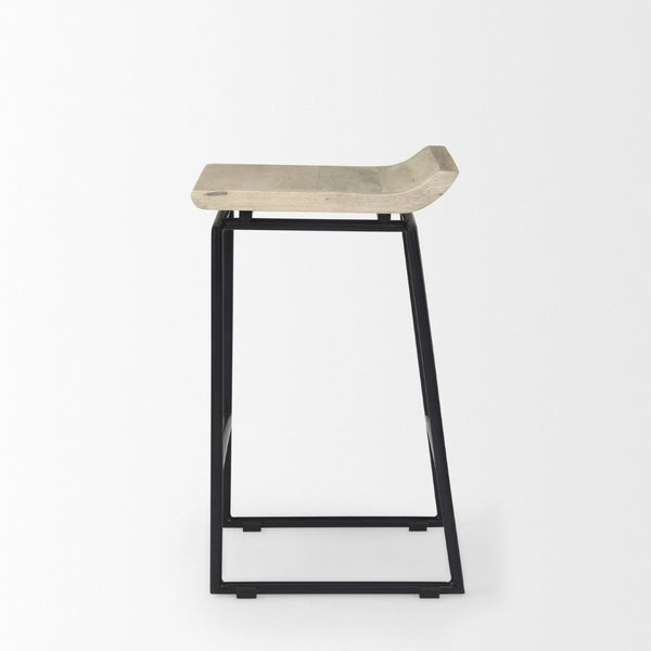 Mercana Givens Stylish Stool with Contoured Wooden Seat and Antiqued Gold Base for Modern Interiors Natural Wood | Black Metal | Counter 69556