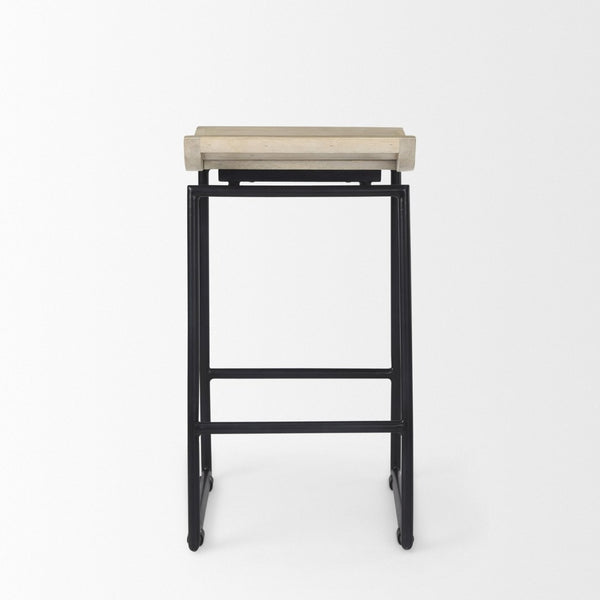 Mercana Givens Stylish Stool with Contoured Wooden Seat and Antiqued Gold Base for Modern Interiors Natural Wood | Black Metal | Counter 69556