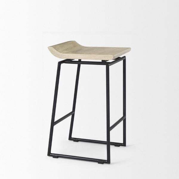 Mercana Givens Stylish Stool with Contoured Wooden Seat and Antiqued Gold Base for Modern Interiors Natural Wood | Black Metal | Counter 69556