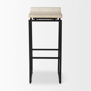 Mercana Givens Stylish Stool with Contoured Wooden Seat and Antiqued Gold Base for Modern Interiors Natural Wood | Black Metal | Bar 69557