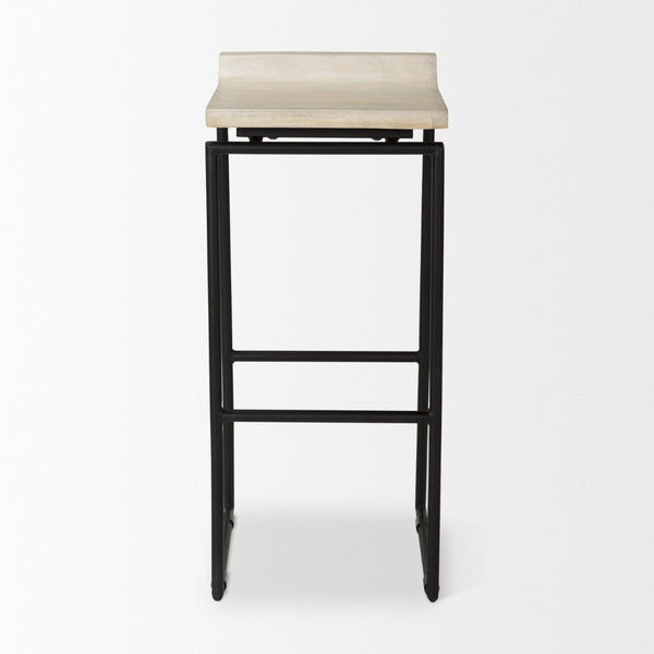 Mercana Givens Stylish Stool with Contoured Wooden Seat and Antiqued Gold Base for Modern Interiors Natural Wood | Black Metal | Bar 69557