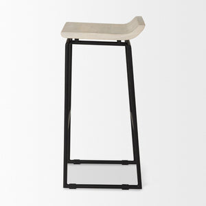 Mercana Givens Stylish Stool with Contoured Wooden Seat and Antiqued Gold Base for Modern Interiors Natural Wood | Black Metal | Bar 69557