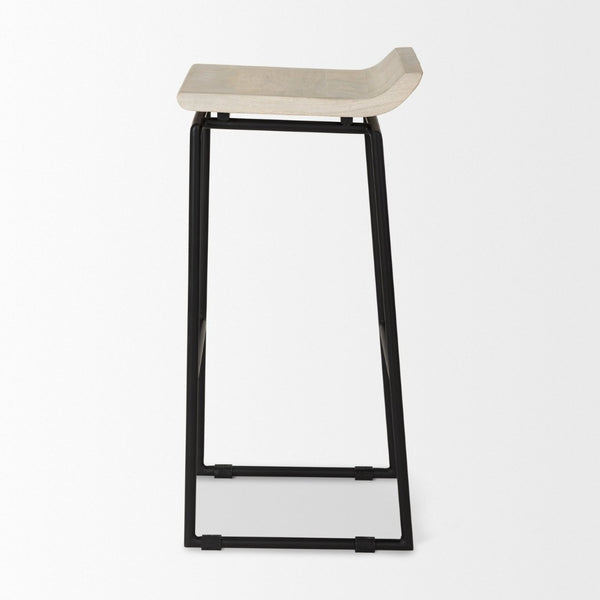 Mercana Givens Stylish Stool with Contoured Wooden Seat and Antiqued Gold Base for Modern Interiors Natural Wood | Black Metal | Bar 69557