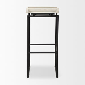 Mercana Givens Stylish Stool with Contoured Wooden Seat and Antiqued Gold Base for Modern Interiors Natural Wood | Black Metal | Bar 69557