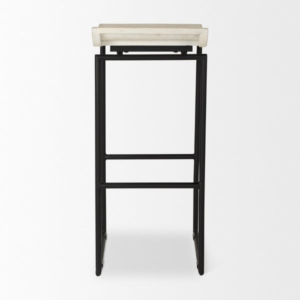 Mercana Givens Stylish Stool with Contoured Wooden Seat and Antiqued Gold Base for Modern Interiors Natural Wood | Black Metal | Bar 69557
