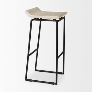 Mercana Givens Stylish Stool with Contoured Wooden Seat and Antiqued Gold Base for Modern Interiors Natural Wood | Black Metal | Bar 69557