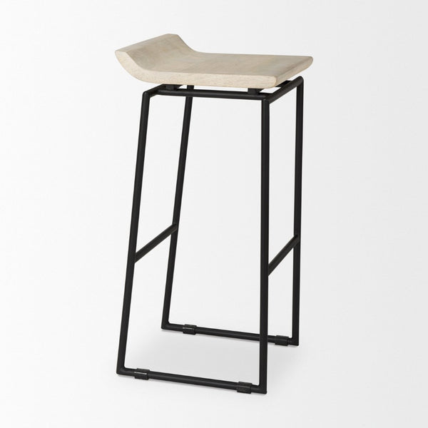 Mercana Givens Stylish Stool with Contoured Wooden Seat and Antiqued Gold Base for Modern Interiors Natural Wood | Black Metal | Bar 69557