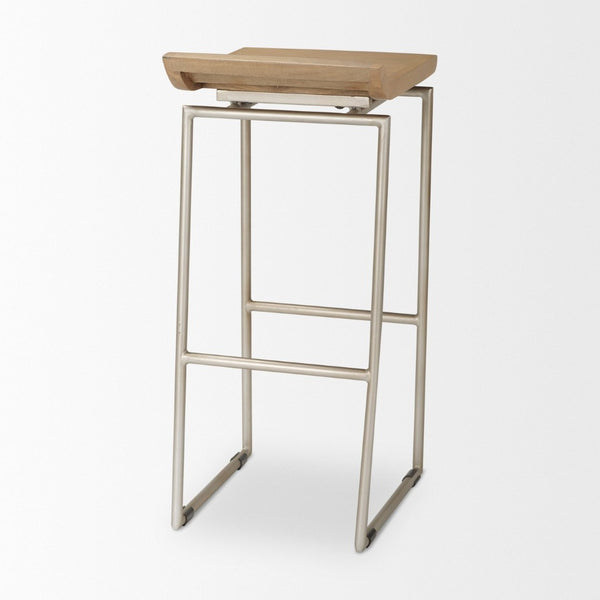 Mercana Givens Stylish Stool with Contoured Wooden Seat and Antiqued Gold Base for Modern Interiors Brown Wood | Silver Metal | Bar 69555