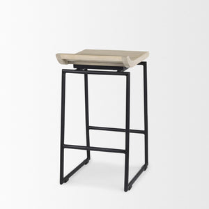 Mercana Givens Stylish Stool with Contoured Wooden Seat and Antiqued Gold Base for Modern Interiors Natural Wood | Black Metal | Counter 69556
